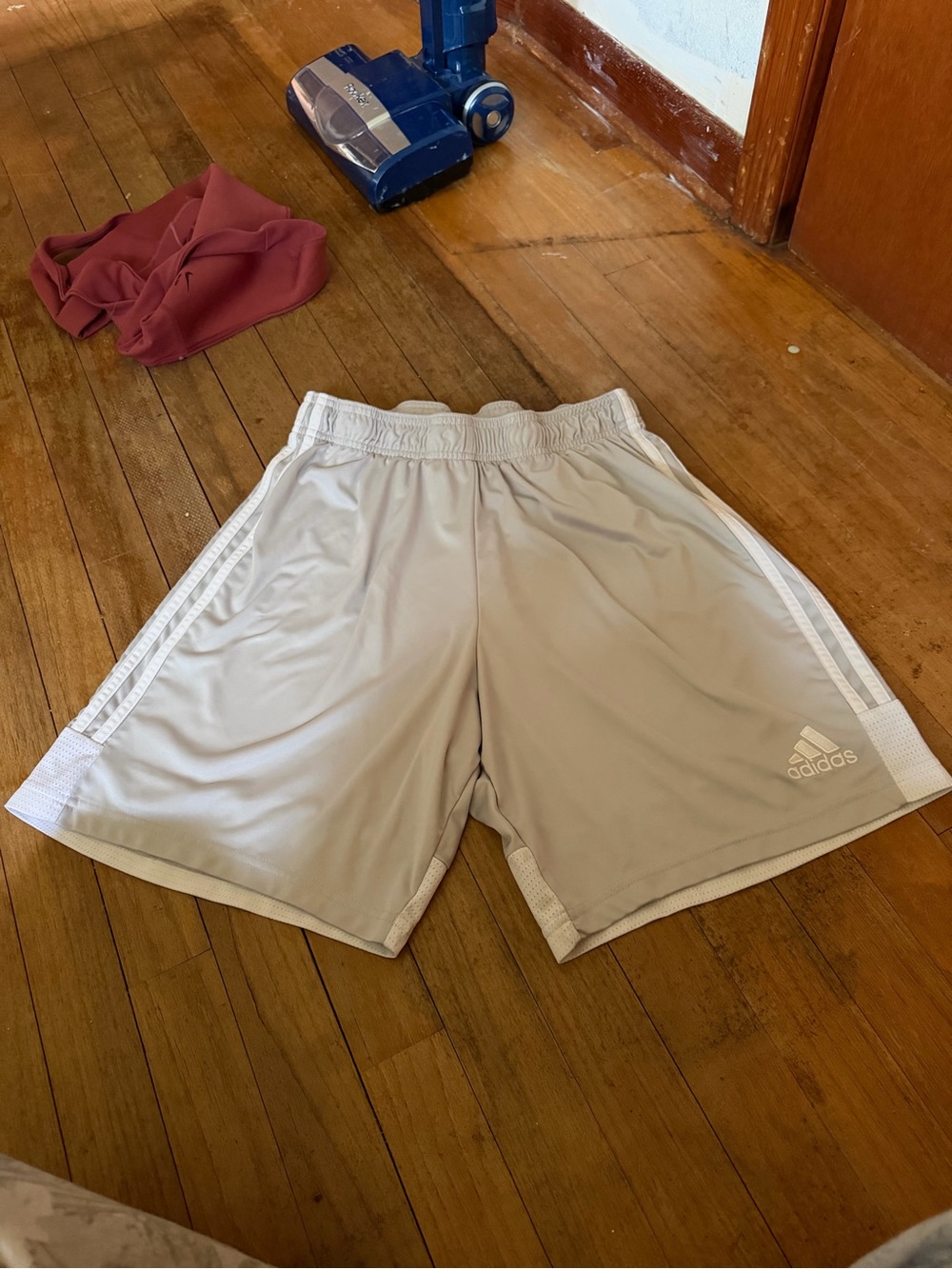 adidas Men’s Light Gray Athletic Shorts with White Stripes